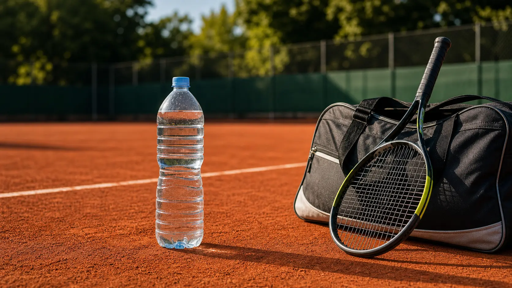 Bolso de tenis con una raqueta y una botella de agua sobre una cancha de polvo de ladrillo