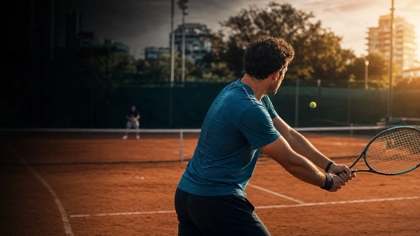 Jugador amateur compitiendo en una cancha de tenis de polvo de ladrillo