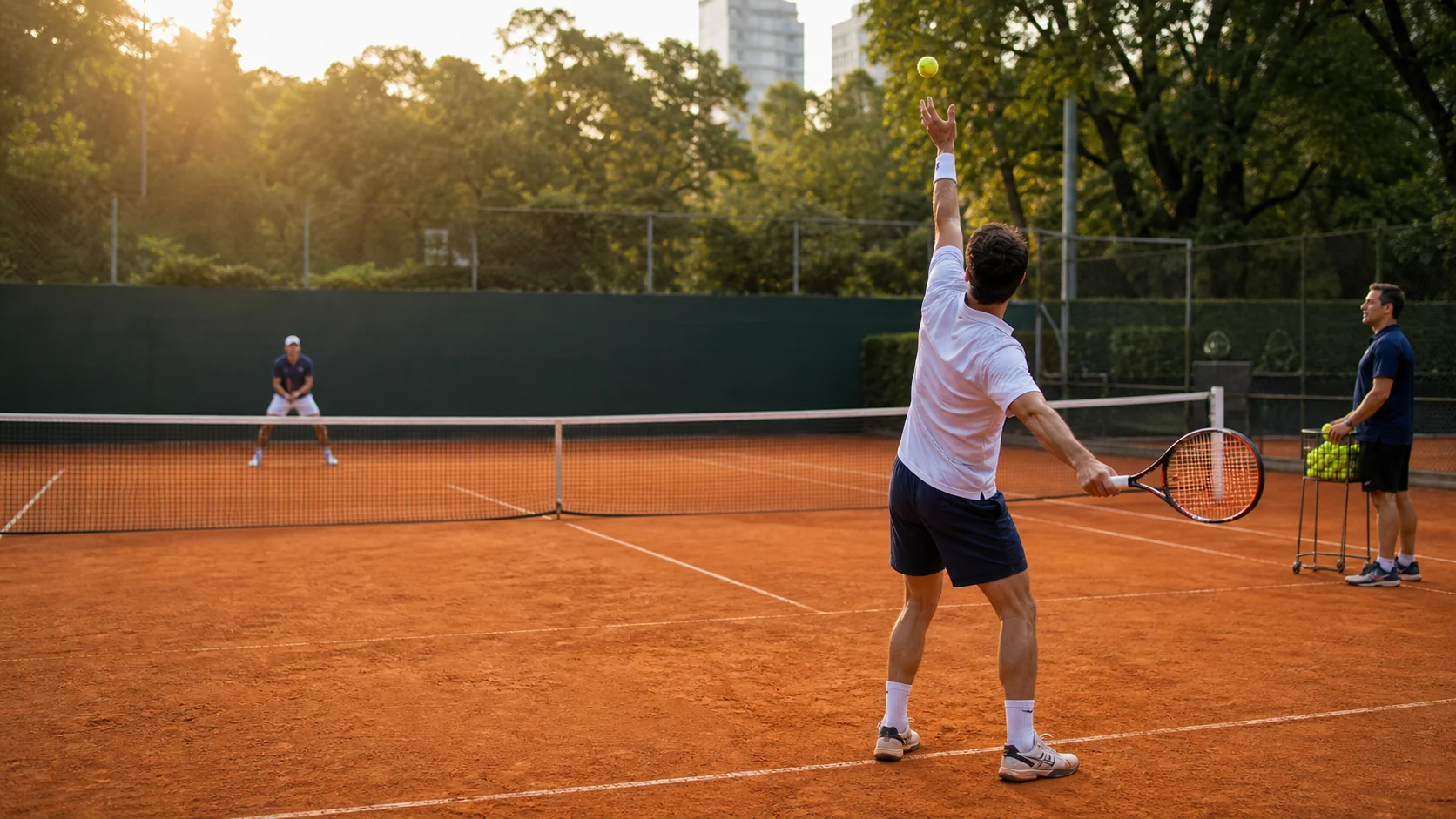 Jugador amateur practicando saque y devolución en una cancha de tenis de polvo de ladrillo